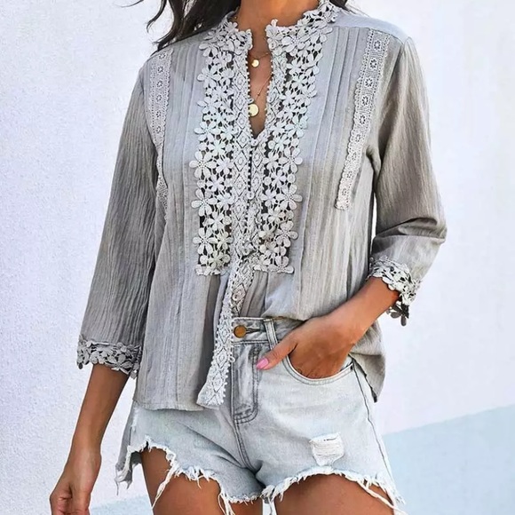 Gray Bohemian Lace Crochet Button Front Blouse - Picture 2 of 4